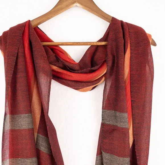 Plaid Rectangular Scarf 26" x 70"  Red, Yellow, Maroon & Gray - Picture 3 of 9